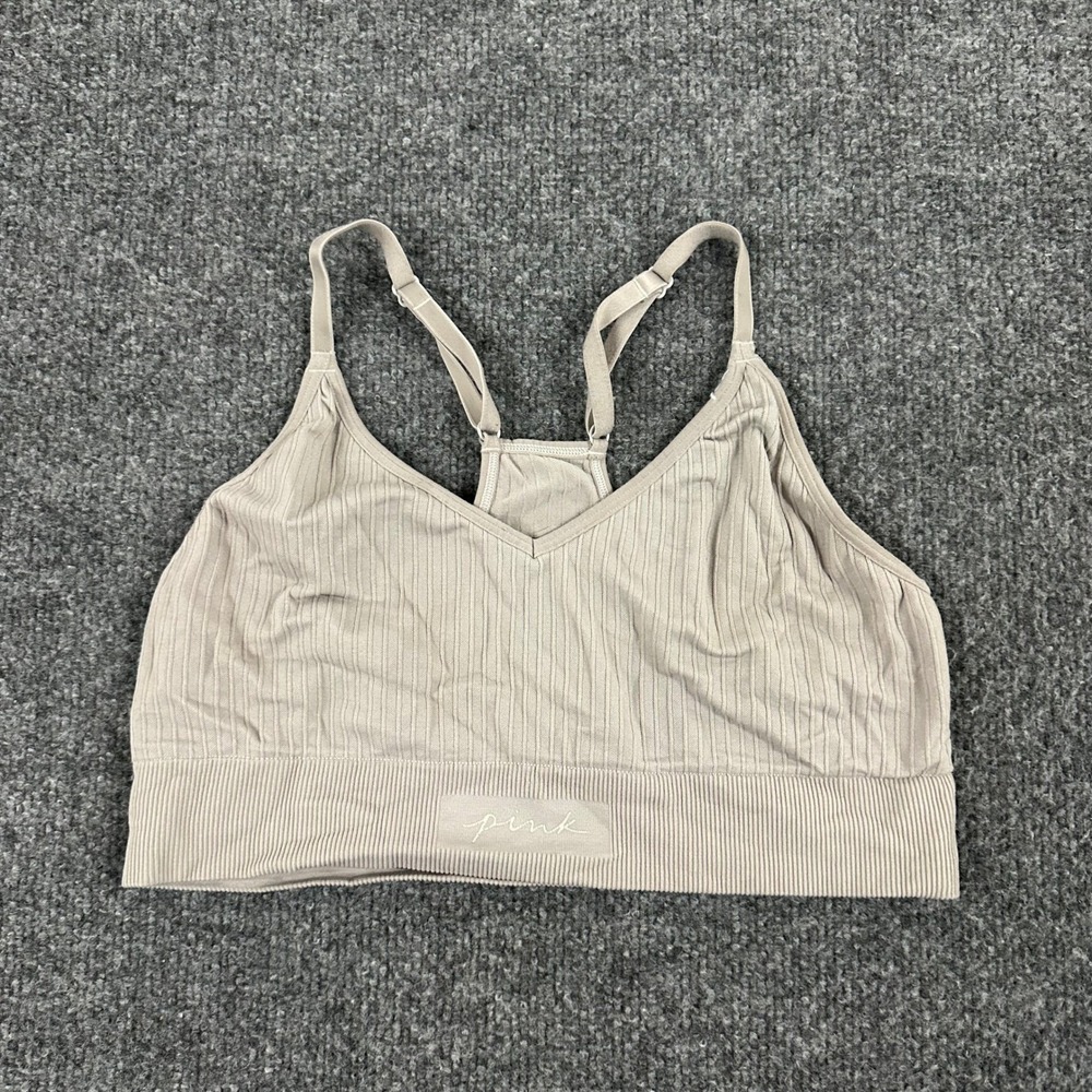 Pink Sports Bra Womens Size M Tan Ribbed Seamless Racerback Activewear Bralette